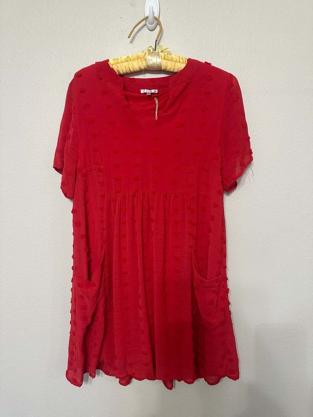 Jodifl Red Swiss Dot Textured Short Sleeve Shift Dress with Pockets
